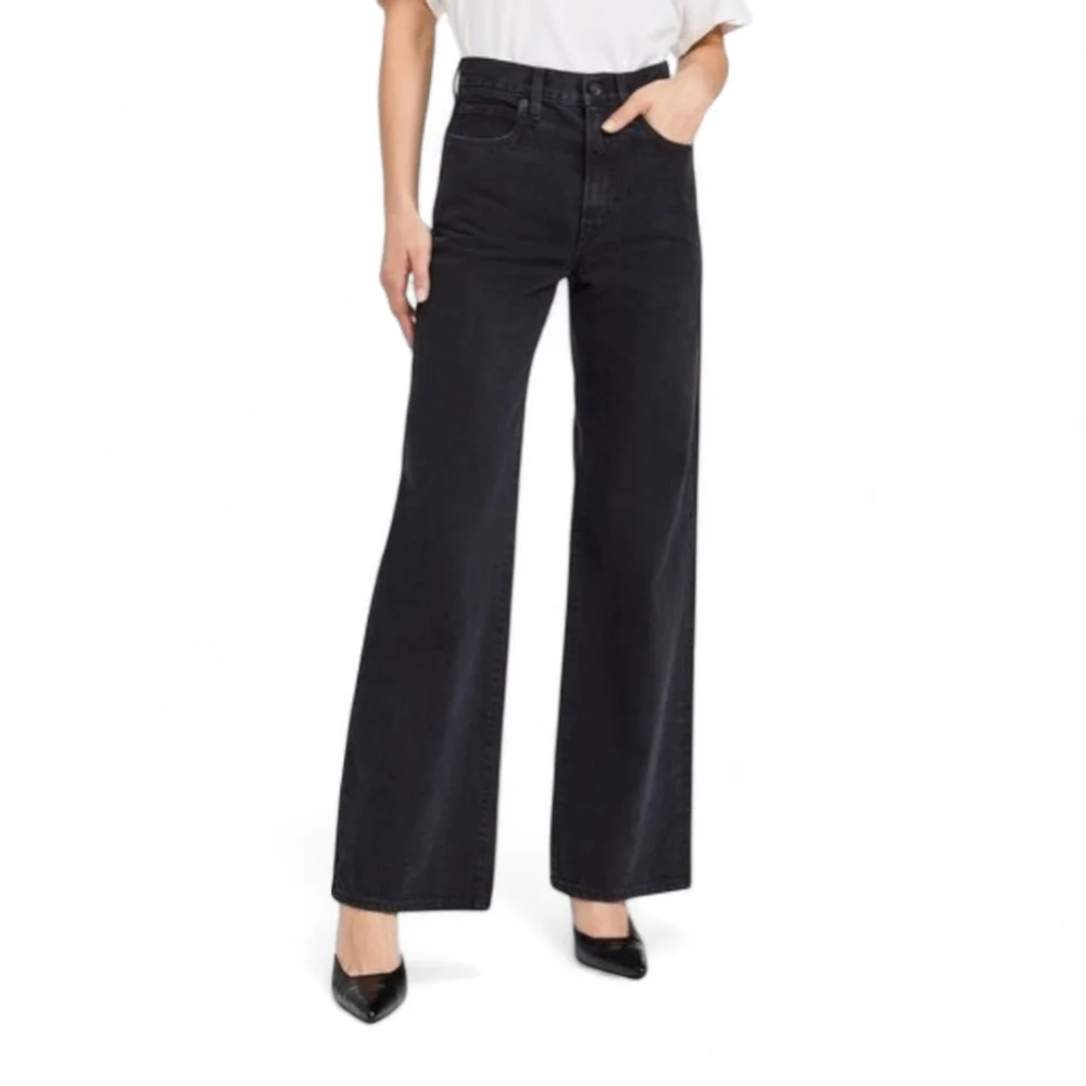 SLVRLAKE Wide Leg Raw Hem High Rise Grace Jeans Washed Black Shadow Ridge Sz 28